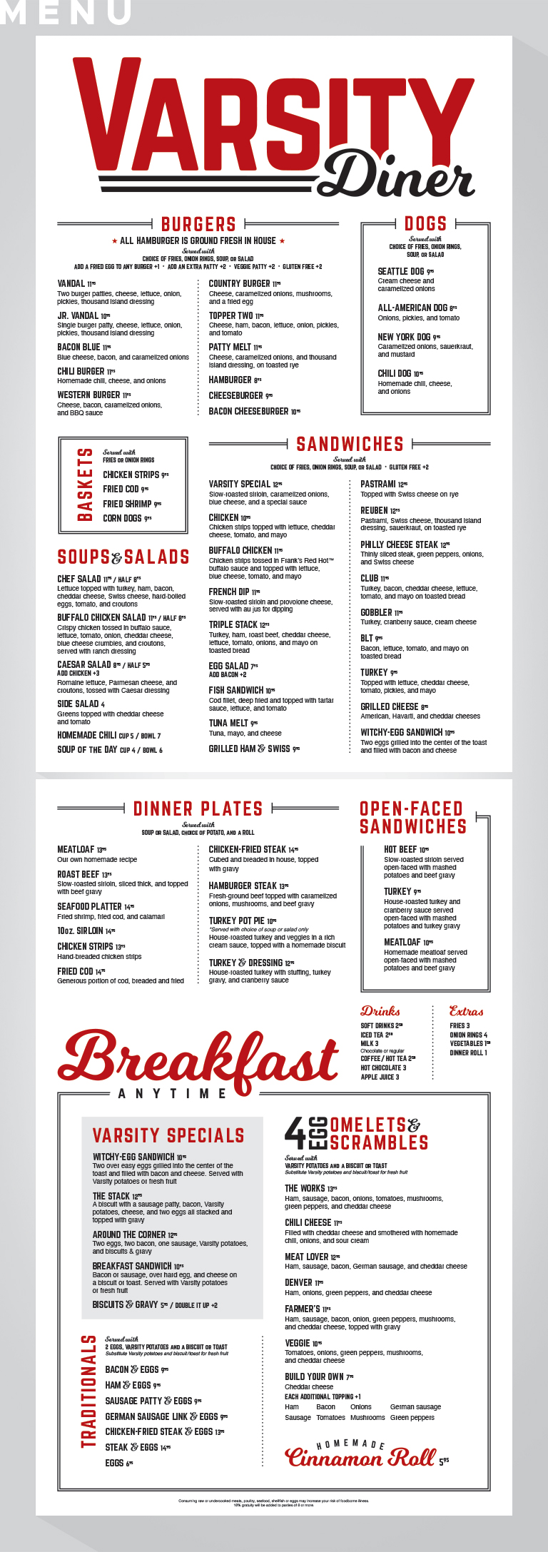 Varsity Diner menu.